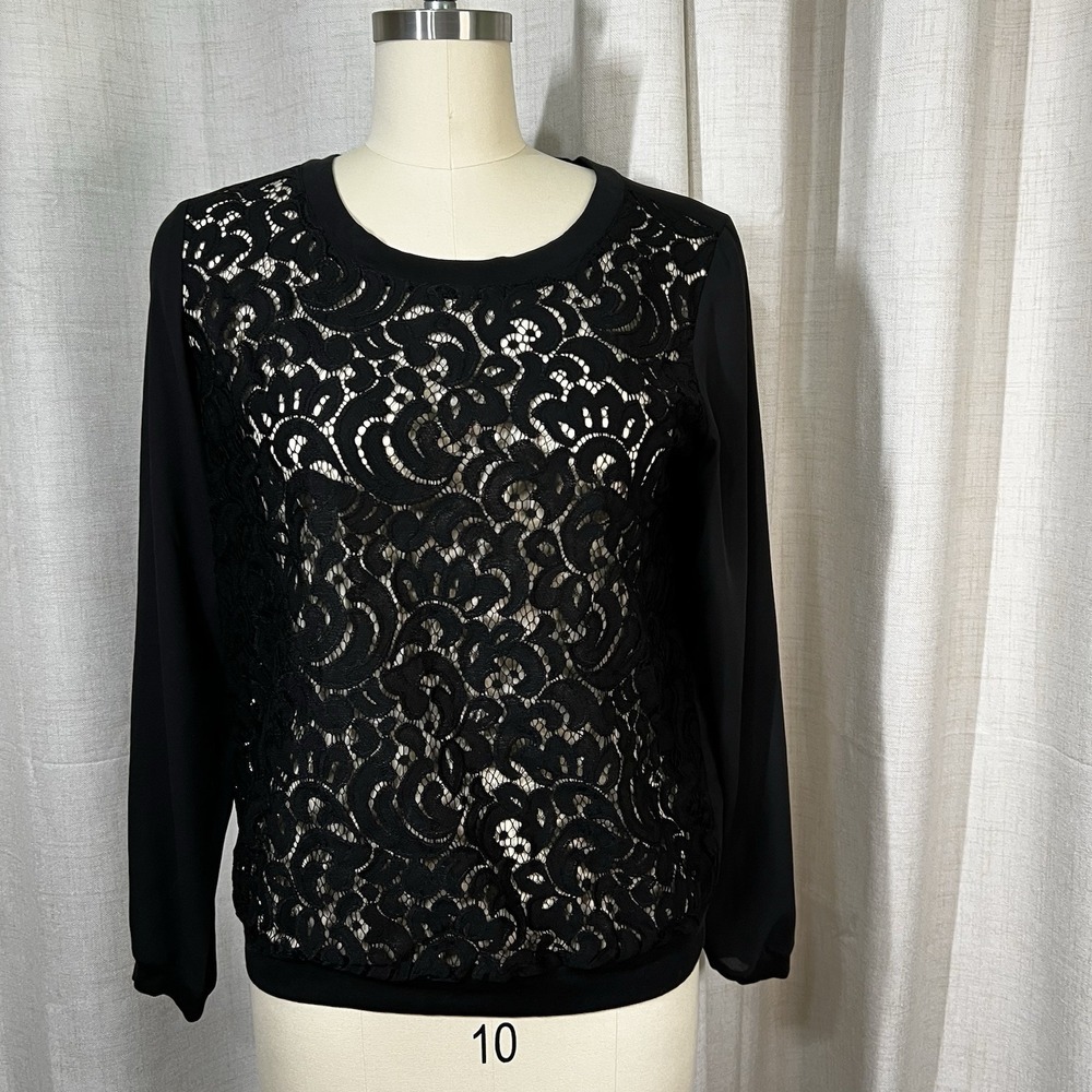 NEW! Loft Top Blouse Medium Black Long Sleeve Round Neck Lace Front Cotton Blend
